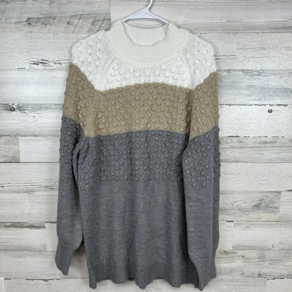Calvin Klein Women's Colorblocked Popcorn-Knit Sweater (Latte/Granite/White) L